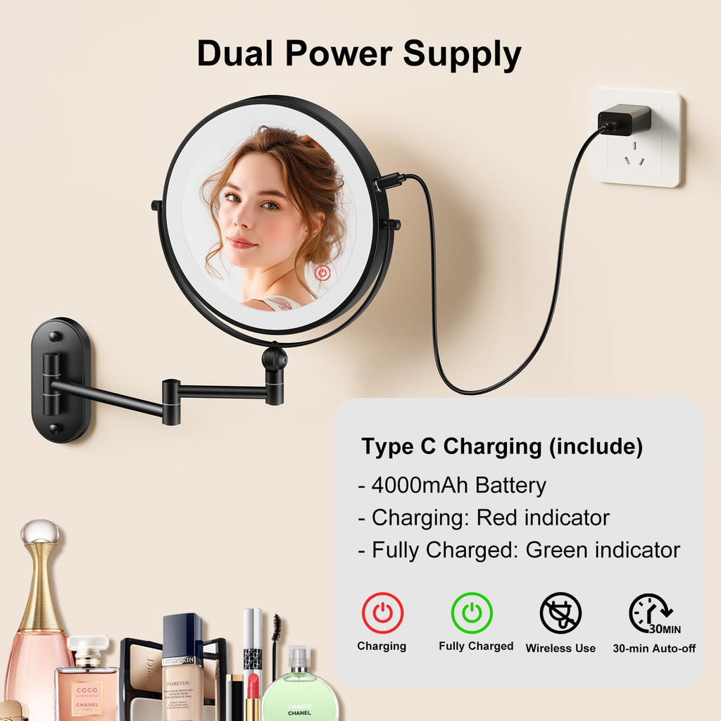 9" Wall Mounted Lighted Makeup Mirror,4000mAh Rechargeable Double Sided 1X/10X Magnifying Mirror with Light,3 Color