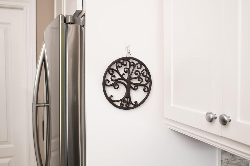 Cast Iron Trivet for Hot Dishes, Pots, and Pans, Metal Trivet, Tree of Life Design, Rubber Feet Caps, Ring Hanger, 8