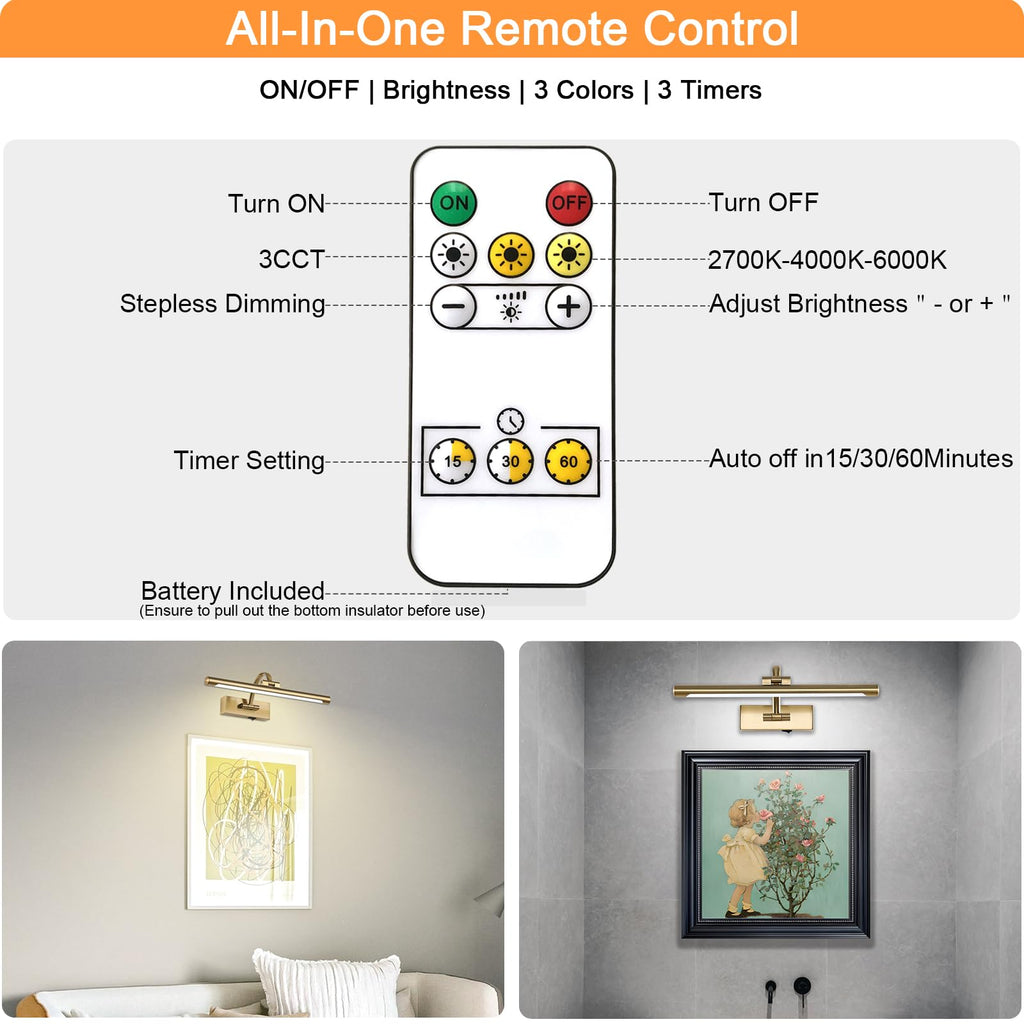 Wireless Picture Lights for Wall Rechargeable, Battery Operated Art Light for Paintings, 3CCT Dimmable, 15.7" Brass