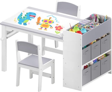Kids Art Table & Chair Set, Wood w/Storage & Paper Roll, Grey