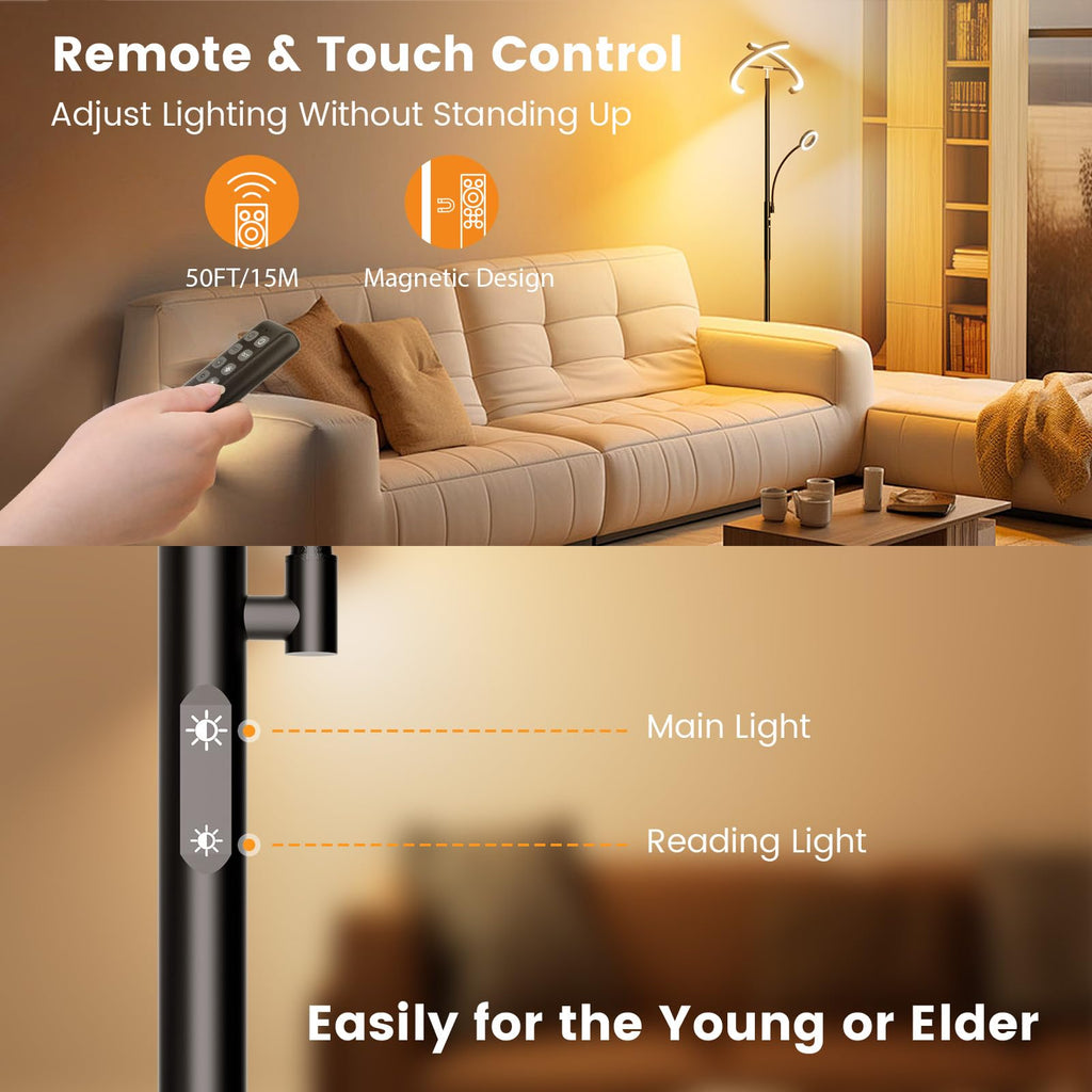 LED Floor Lamp - Modern Standing Lamp with Reading Light, Remote Touch Control Floor Light Dimmable Mother-Daughter