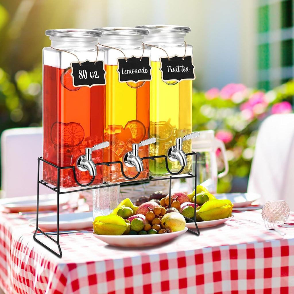 80 oz Tall Glass Drink Dispenser with Stand, Lid, Label and Stainless Steel Leakproof Spigot Beverage Water - Set of 3