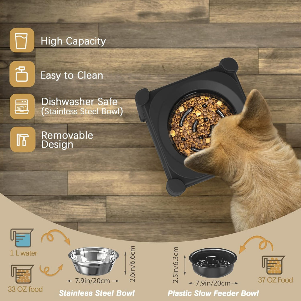 Elevated Slow Feeder Dog Bowls with 3 Heights Adjustable Stand