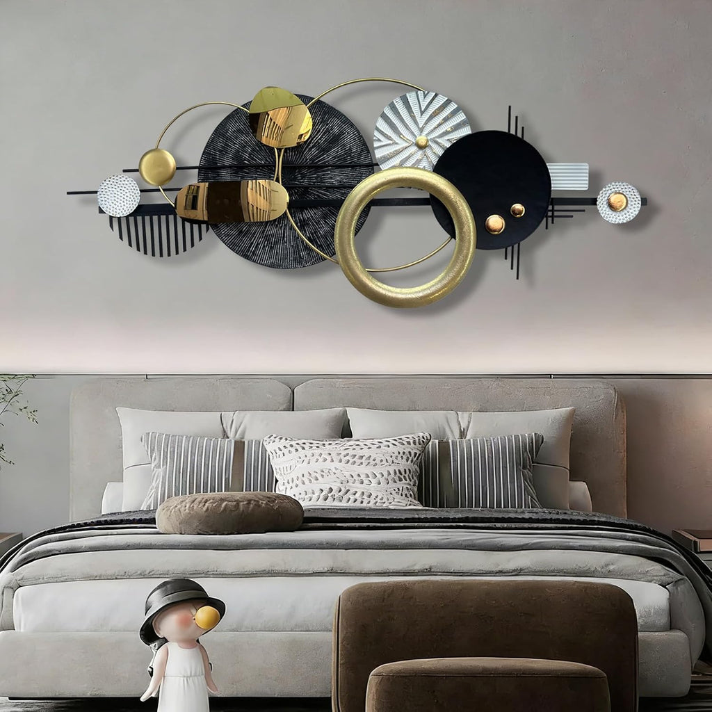 Modern Abstract Metal Wall Art, Gold Black and White Geometric Décor Art Wall Décor, Large 59×24 In 3D Textured Metal
