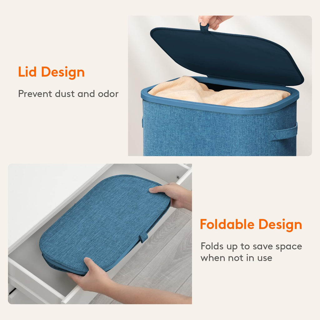 Slim Laundry Basket with Lid and Removable Bag, 65L, Dark Blue