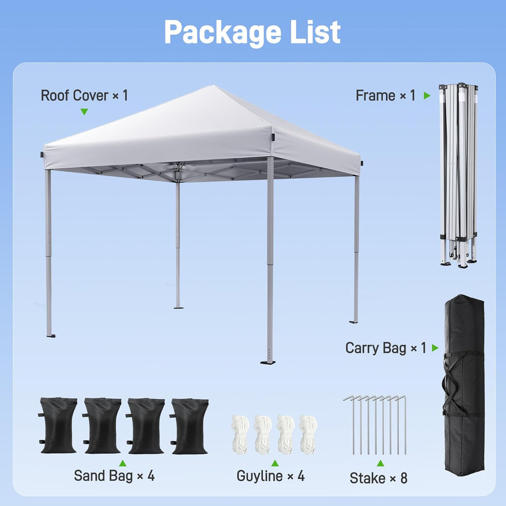 10x10 Pop Up Canopy, Portable Instant Canopy Tent with Carry Bag, 4 Sandbags and 8 Stakes Events, Parties & Camping