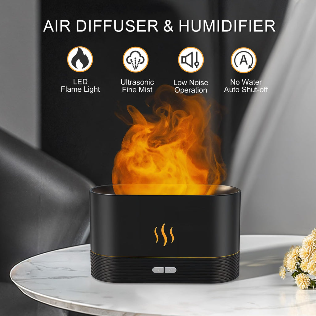 Essential Oil Diffuser, 180mL Flame Diffuser Humidifier with LED Fireplace Effect, Up to 8 Hours, Waterless Auto