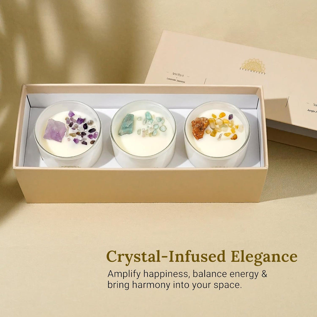 Healing Crystal Candle Gift Set Amethyst, Amazonite & Sunstone Hand-Poured Soy Wax Lavender - Set of 3