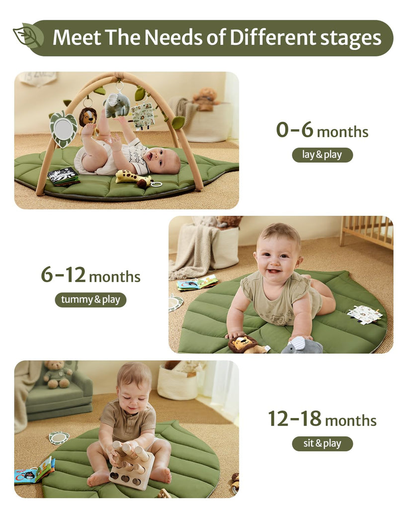 Play Gym & Activity Mat, Oversize Leaf Shaped Baby Play Mat w 6 Detachable Toys, Tummy Time Mat Promote Motor Skills