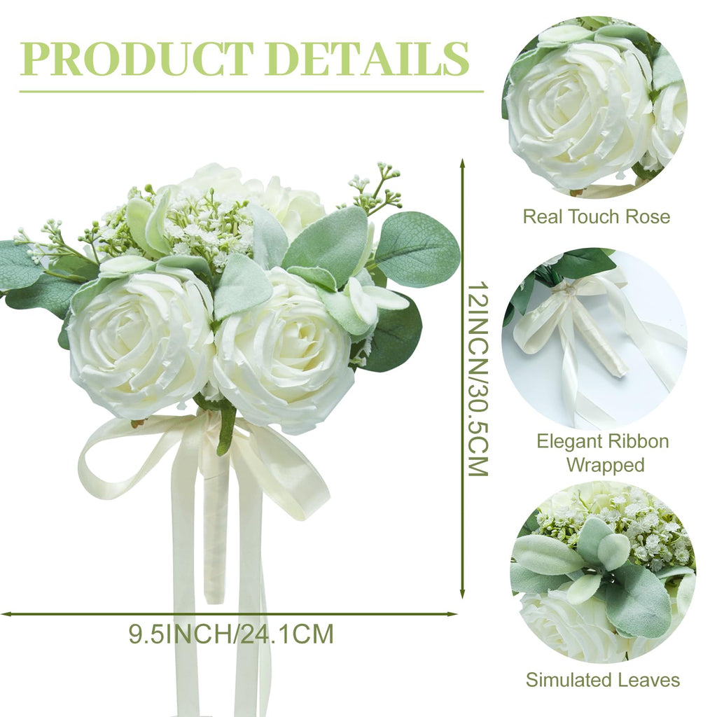 Artificial Bridesmaid Bouquets Set of 8 - Ivory White 9 Inch Various Flower Bouquet for Wedding Party Ceremony