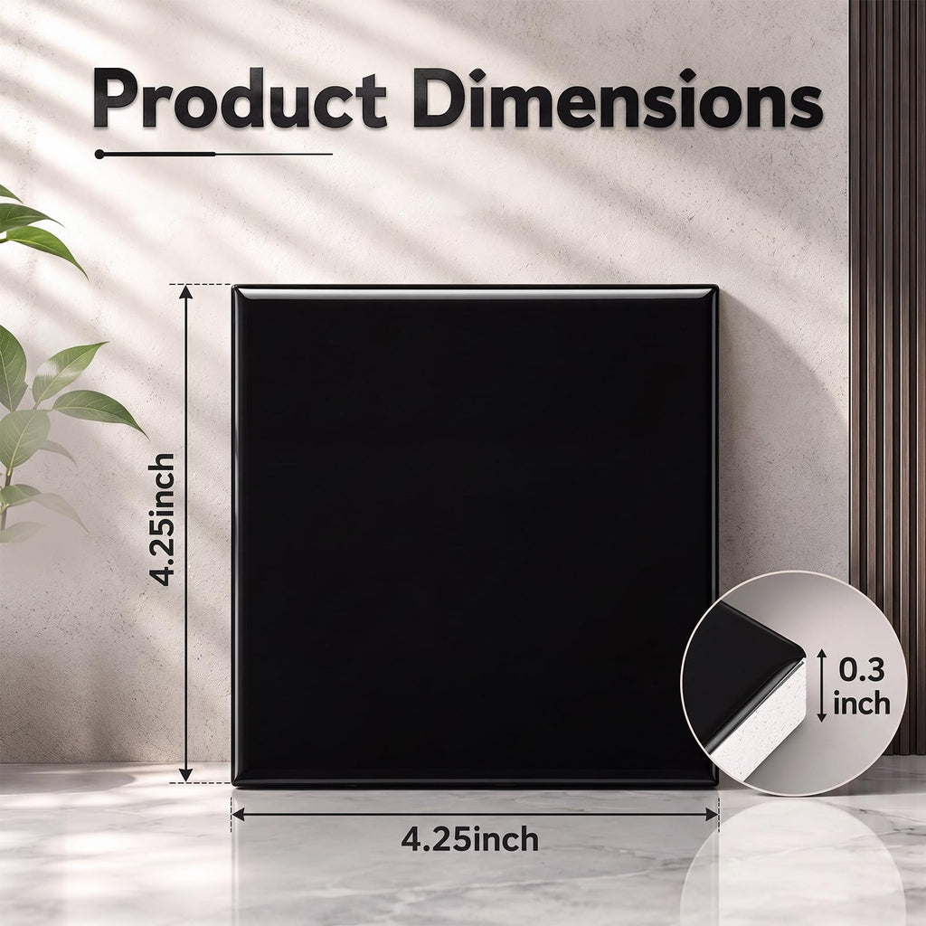 15 Pack Glossy Black Ceramic Wall Tiles, 4.25 x 4.25 Inch Square Subway Tile Thickness 8mm Backsplash, Bathroom