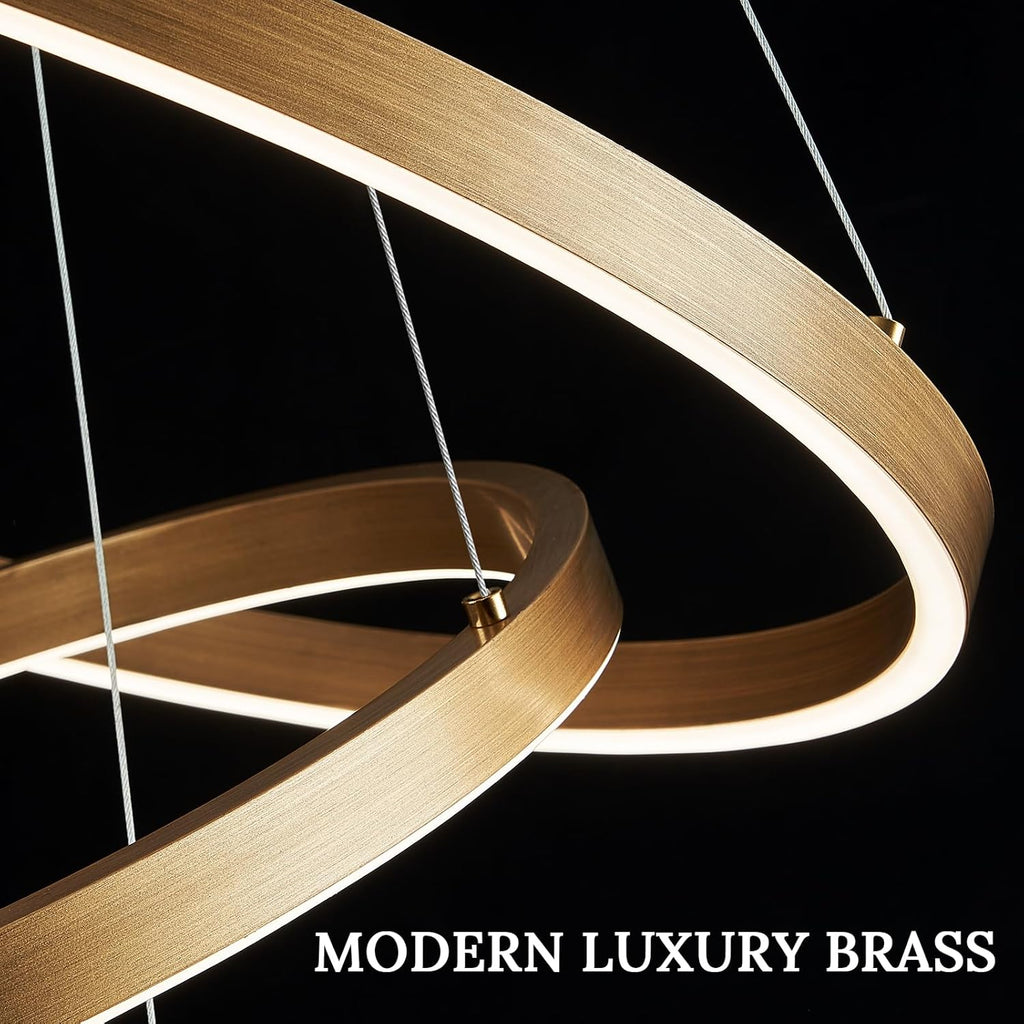 LED 3-Ring Chandelier Gold Dimmable Modern Pendant Light with Remote Control Vintage Brass LED Circle Chandelier for Dining Room Entry Foyer Bedroom Living Room,75W