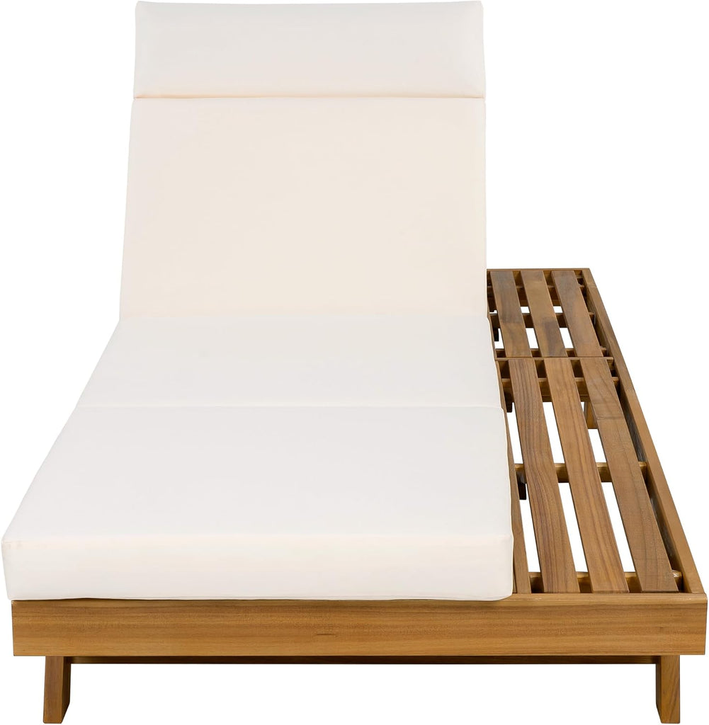 Wood Chaise Lounge with 4'' Four-Folds Cushion, Outdoor 79'' Patio Recliner Chair with 4-Position Adjustable