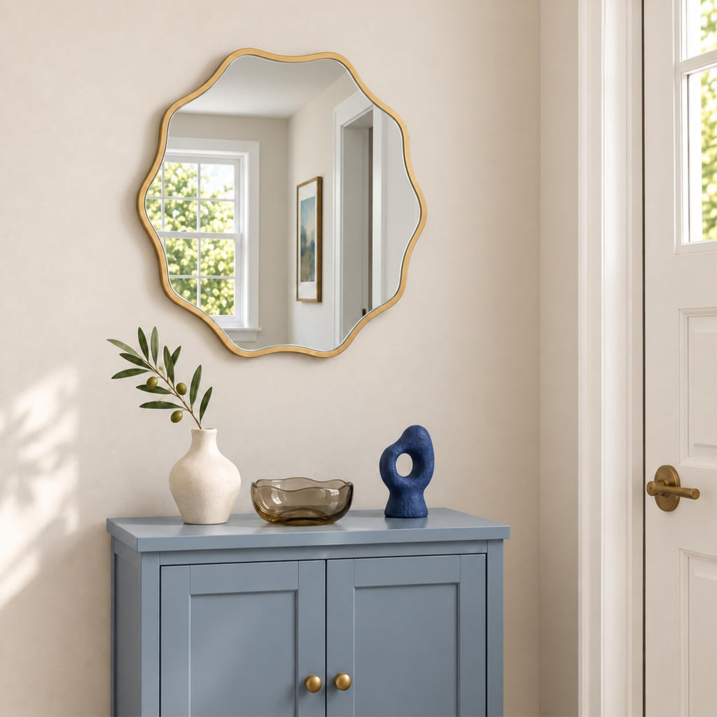Gold Scalloped Mirror, 24'' Round Wall Mirrors Wavy Wood Framed Nursery Bedroom Living Room Entryway, Decorative