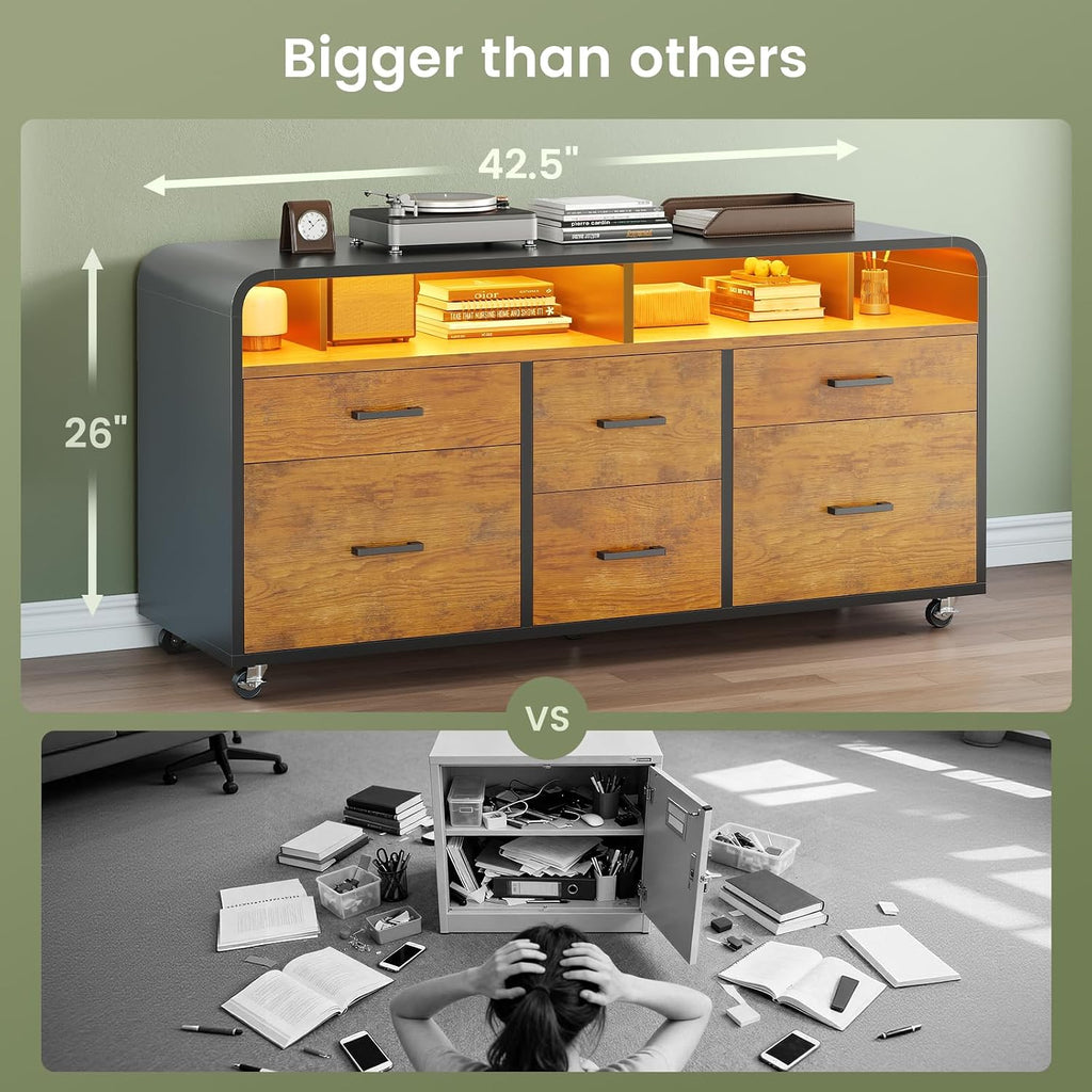 6 Drawers File Cabinet with Power Strip fits Legal/Letter/A4 Size | 47" Wood Mobile Lateral Filing Cabinet , Printer