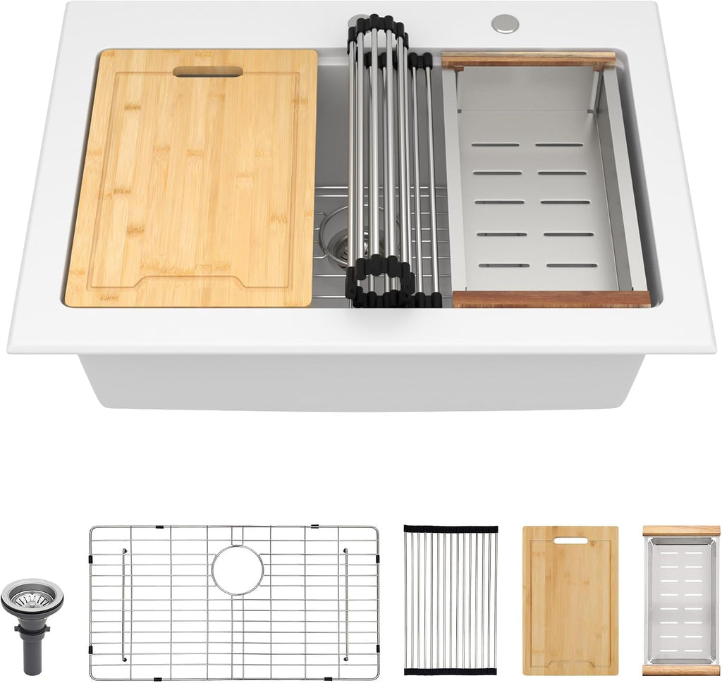 30 Granite Composite Kitchen Sink Drop In Workstation 30X22 Inch Quartz White Kitchen Sink Single Bowl Kitchen Sinks