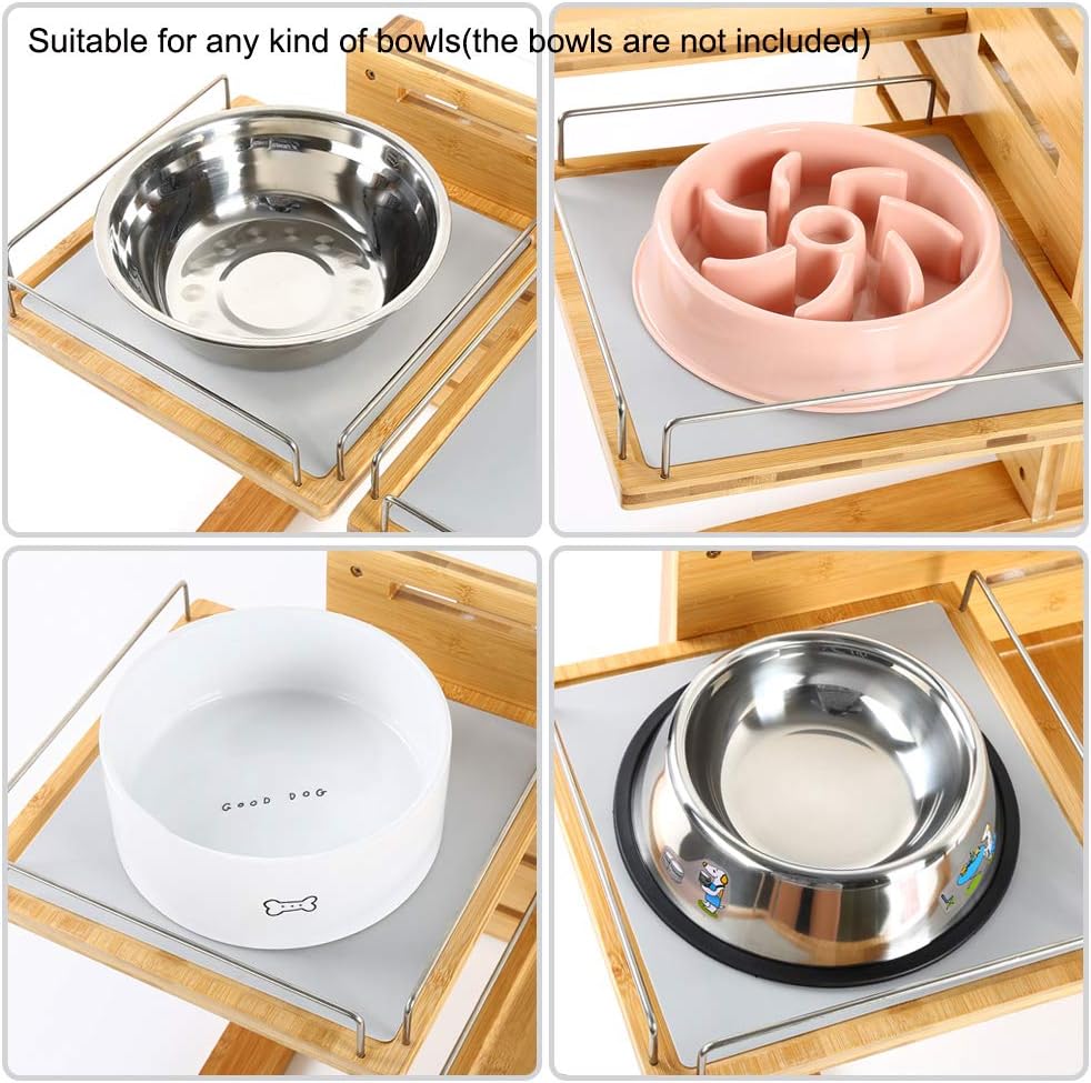 Adjustable Raised Dog Bowls, Bamboo Elevated Feeder Stand with Non-Skid Feet for Food and Water, 5 Level Wooden Pet