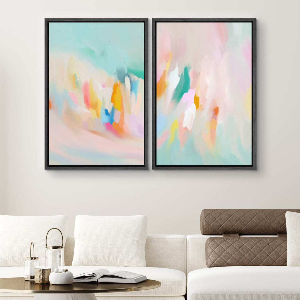 Framed Canvas Print Wall Art Set Teal Pink Watercolor Collage Abstract Shapes Digital Art Modern Art Decorative