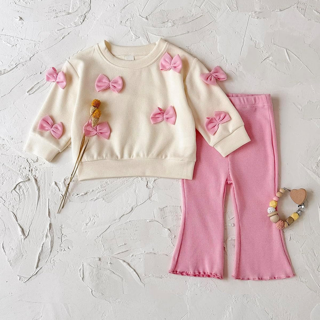 Fall Baby Girl Clothes Long Sleeve Sweatshirt Top with Bow & Pink Pants Set Toddler Bell-Bottoms Outfits ( - )