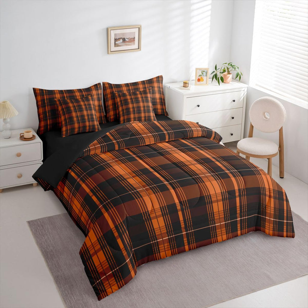 7 Piece Farmhouse Plaid Comforter Set Black Burnt Orange Classic Gingham Bedding Sets for Adults Men Women