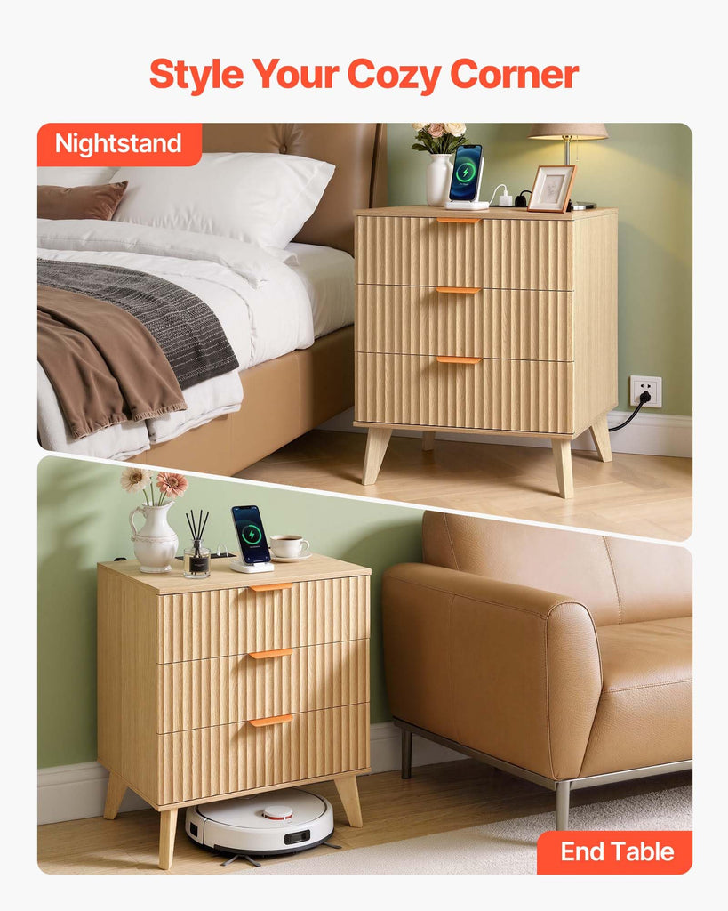 Fluted Nightstand 3 Drawer Dresser, 24" Wide Bedside Table with Charging Station, Mid Century Modern Night Stand with