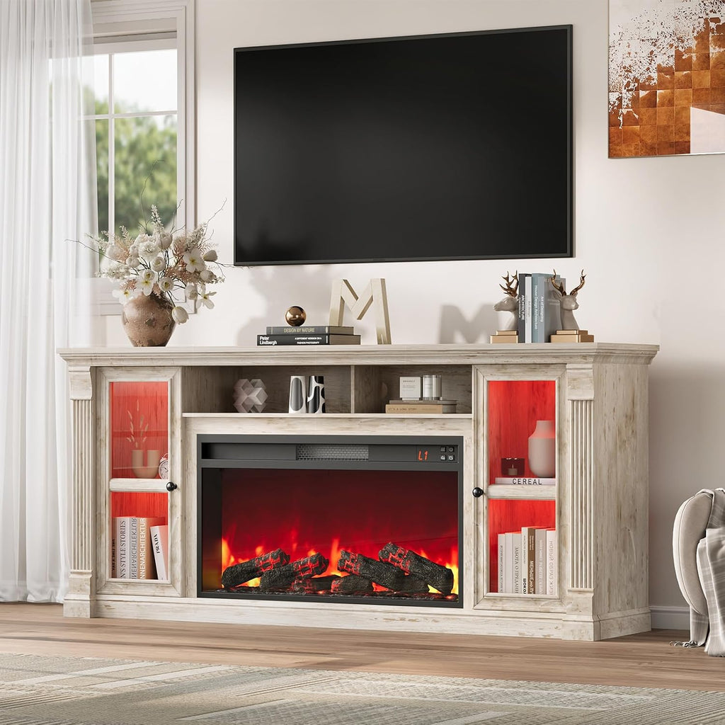 Farmhouse Fireplace TV Stand Up to 80" TVs, 70" Modern Highboy Entertainment Center with 36" Electric Fireplace & LED