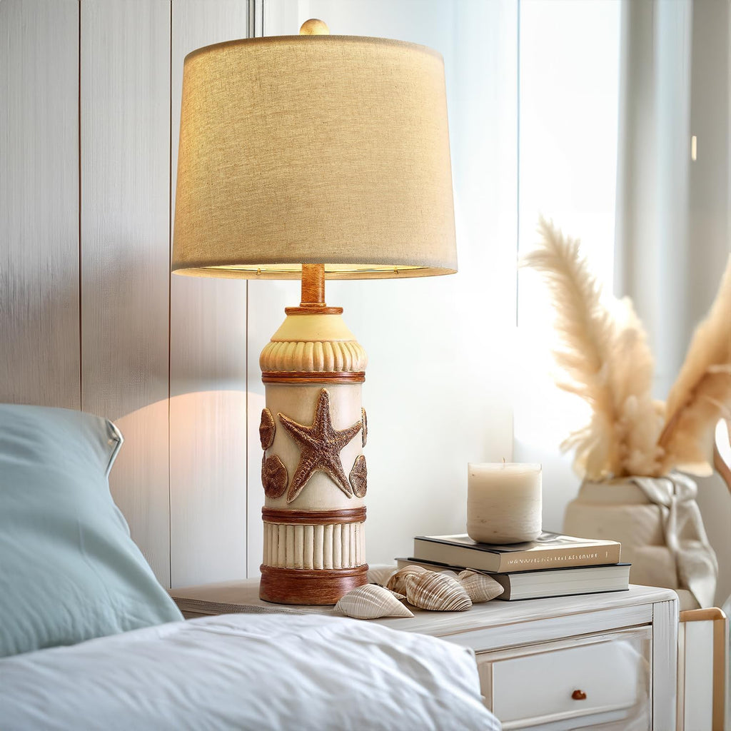 24" Table Lamp, Boho Table Lamp, Bedside Nightstand Lamp, Coastal Nautical Lamp with Starfish Conch Pattern for