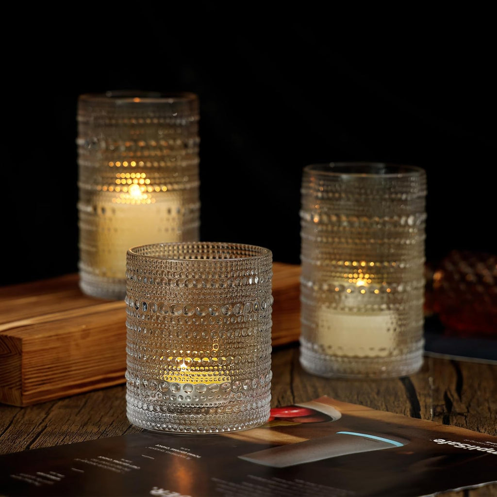 Hobnail Drinking Glasses Set of 12, 12 Oz Highball Glasses & 10 Oz Cocktail Glasses, Clear Embossed Boho Glass Cups