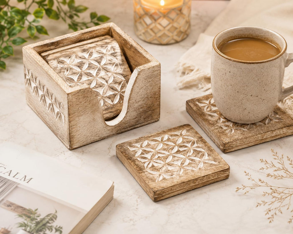 Wooden Coasters with Holder Stand | Whitewash Distressed Wooden Drink Coasters for Coffee, Tea & Wine - Set of 6