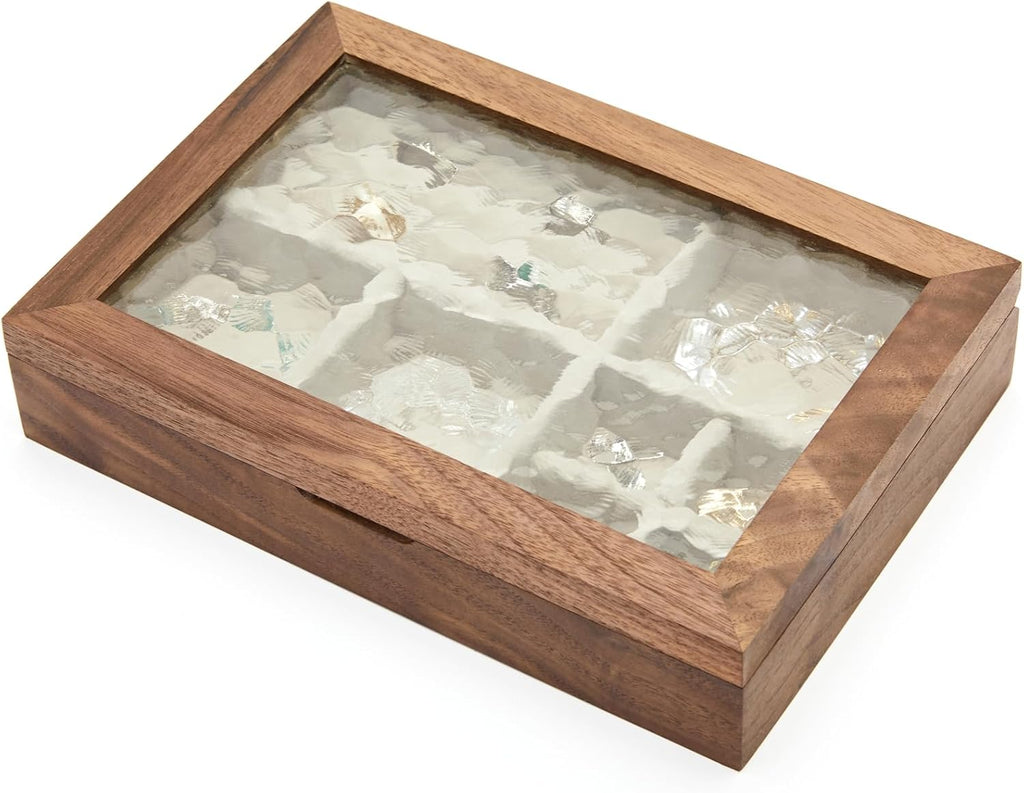 Wooden Jewelry Box with Glass Lid, Multi-Compartment Storage Display Case, Walnut Brown (Silver Walnut)