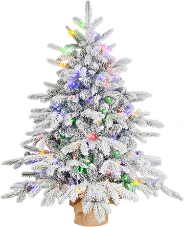 Prelit Flocked Christmas Tree, Artificial Small Christmas Tree with Led Lights, Frosted LED Xmas Tree with Snow