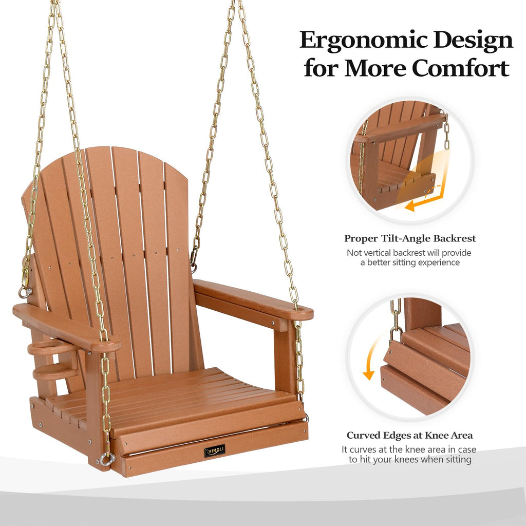 2.2FT HDPE Porch Swing, Patio Swing with Rotatable Cup Holder, Teak