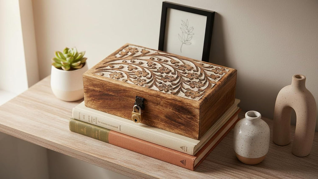 Handmade Wooden Jewelry & Keepsake Box, Decorative Storage Box, 8 x 5 Inch