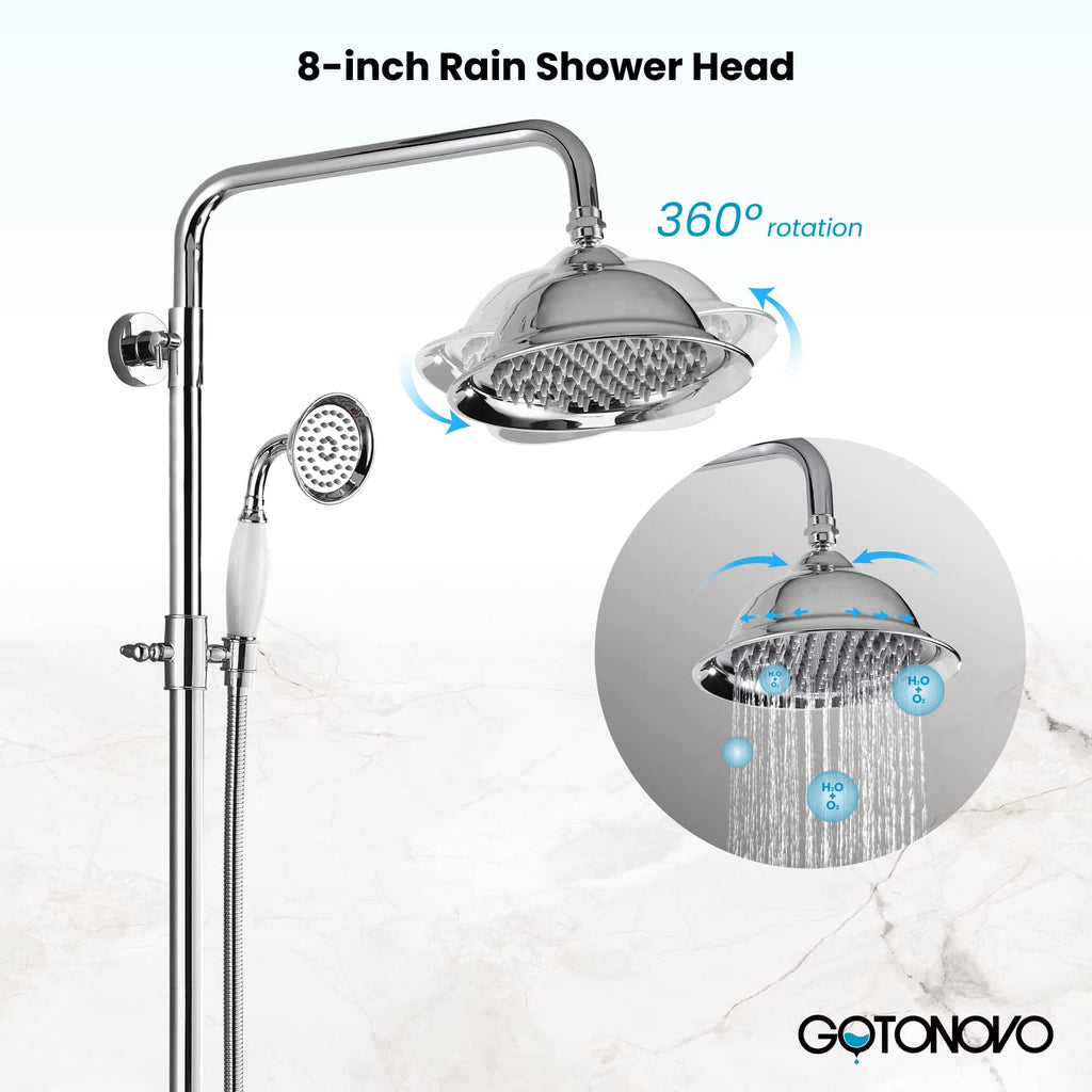 Exposed Shower System 8'' Head Polished Chrome, Shower Shelf