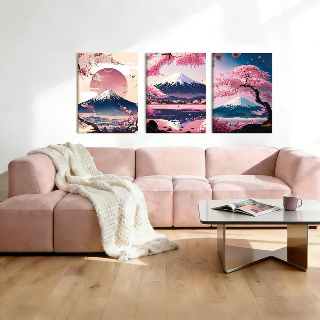 3 Pcs Fuji Mountain Cherry Blossom Canvas Wall Art