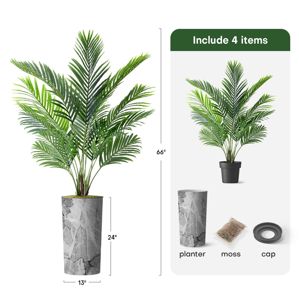 Artificial Tree in Modern Planter, Fake Areca Tropical Palm Silk Tree for Indoor and Outdoor Home Decoration - 66"