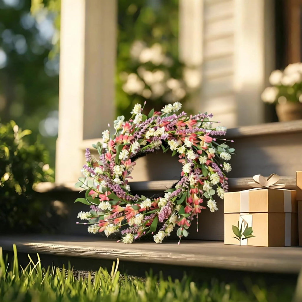 24 Inch Spring Summer Wreath for Front Door - with Colorful Flowers & Green Leaves - Indoor Outdoor Farmhouse Porch