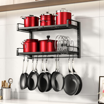 19"- 30" Expandable Hanging Pot Rack, 2 Tier Heavy Duty Wall Mounted Pots and Pans Organizer with 10 Hooks and 5 Pot
