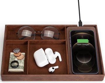 Valet Tray, Built in Wireless Charging Pad, Nightstand Organizer