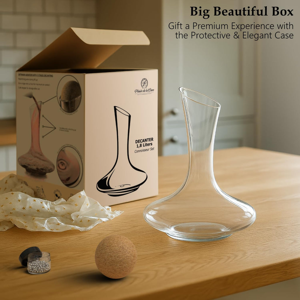 Wine Decanter & Accessories (Cork Stopper + Cleaning Beads) - 100% Lead-Free Crystal Wine Carafe - Unique Gift Idea