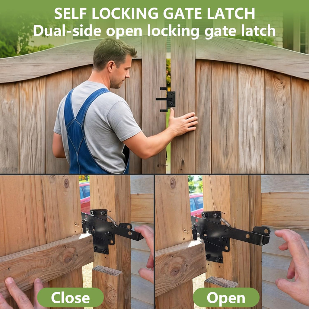 Fence Gate Hinges Heavy Duty and Self Locking Latch Set 3Pack for Wood Gates, 270° Outdoor Hardware Kit, Strap Dual