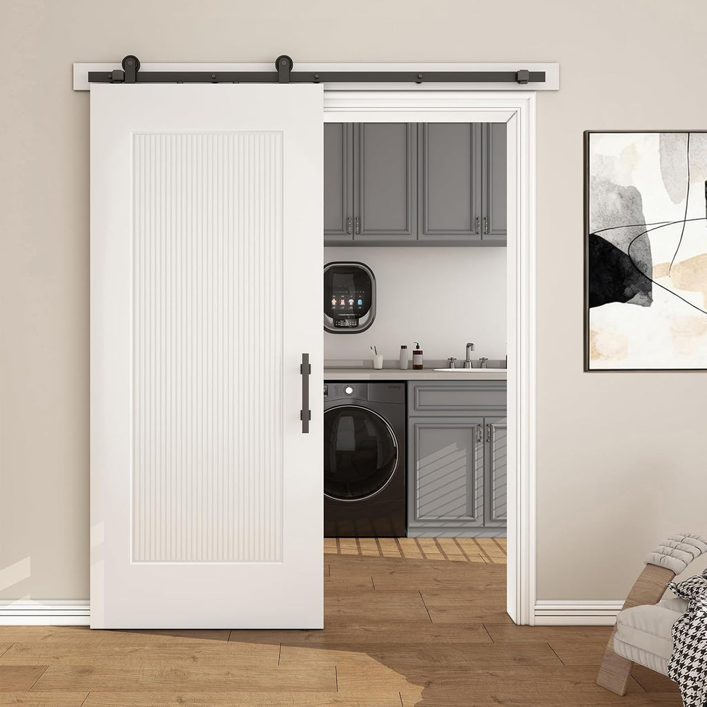 36''x84'' Sliding Barn Door, 1 Panel Reeded White Primed Sliding Closet Door with Matte Black 6FT Ha
