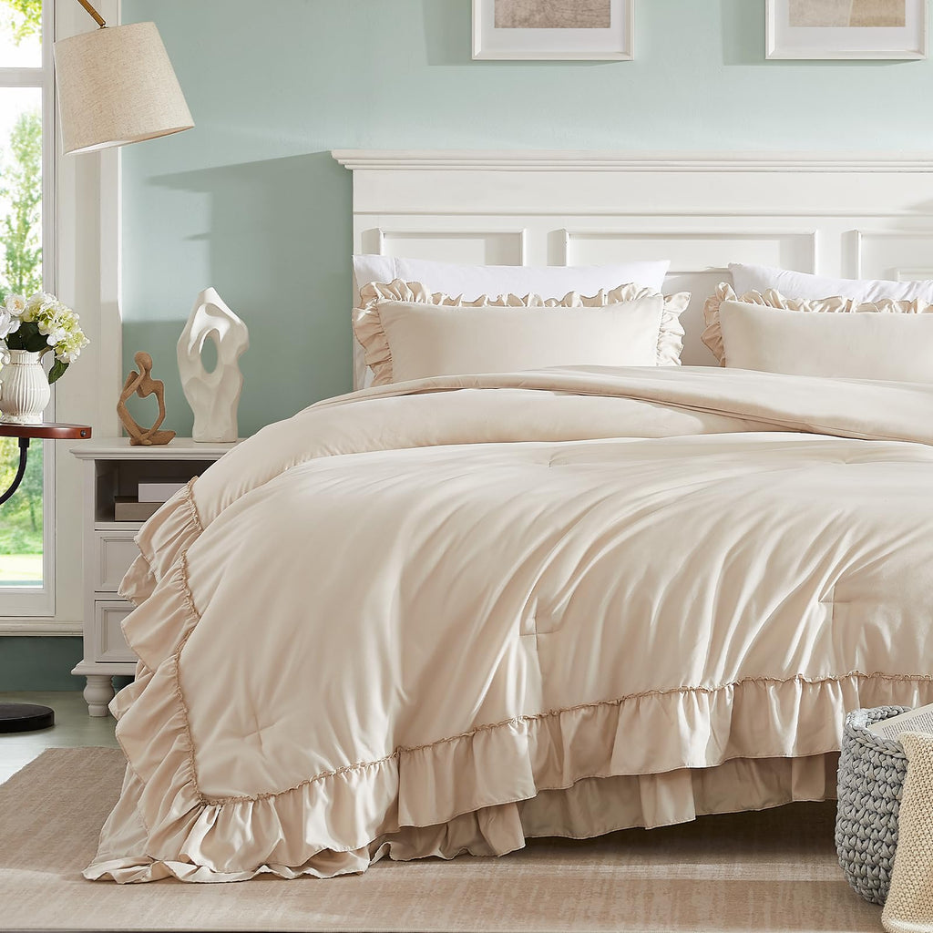 Beige Comforter Set, 3Pcs Comforters Ruffle Farmhouse Bedding Sets with Comforter, Lightweight Soft