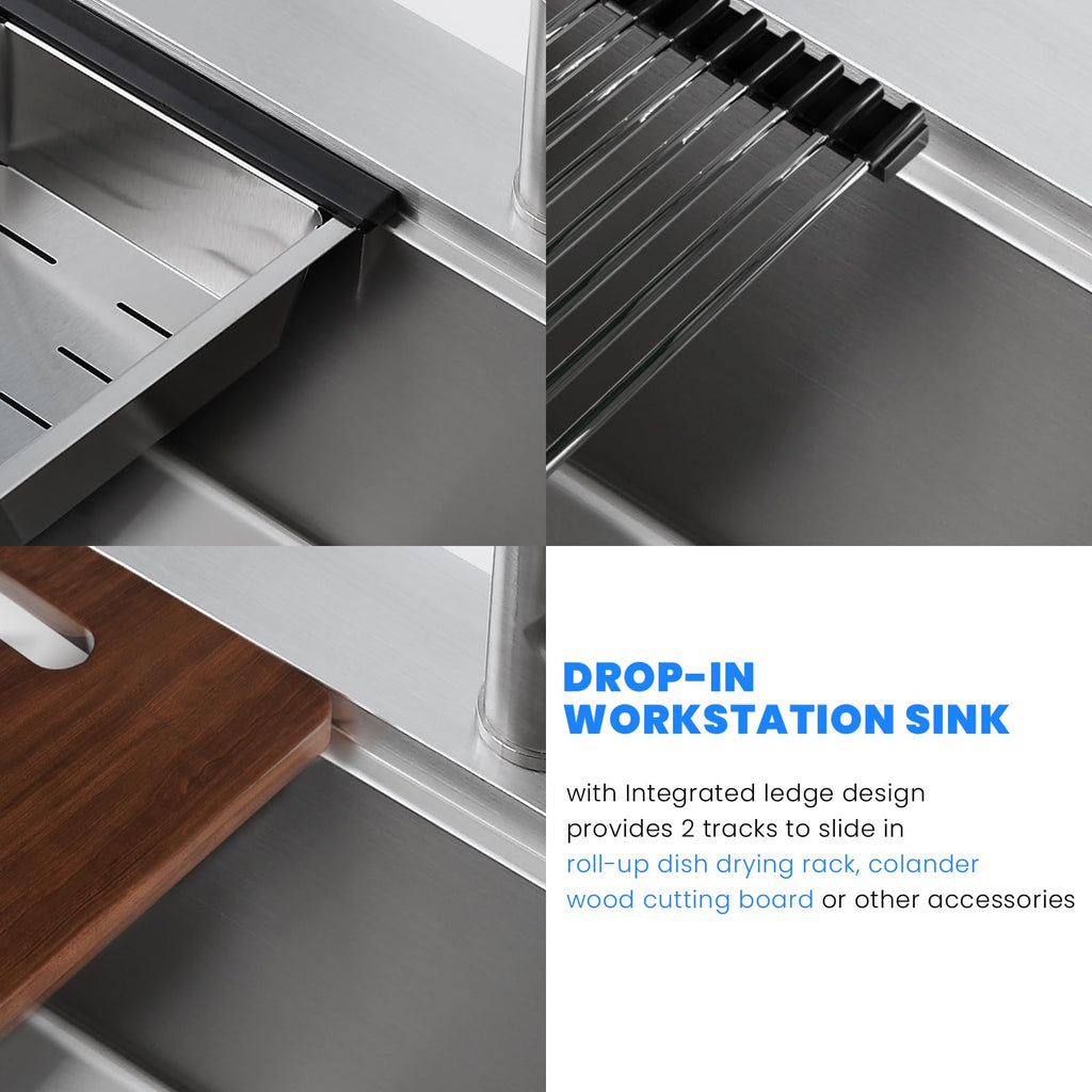 30 x 20 Inch Kitchen Sink, 30 Inch Drop in Workstation Sink