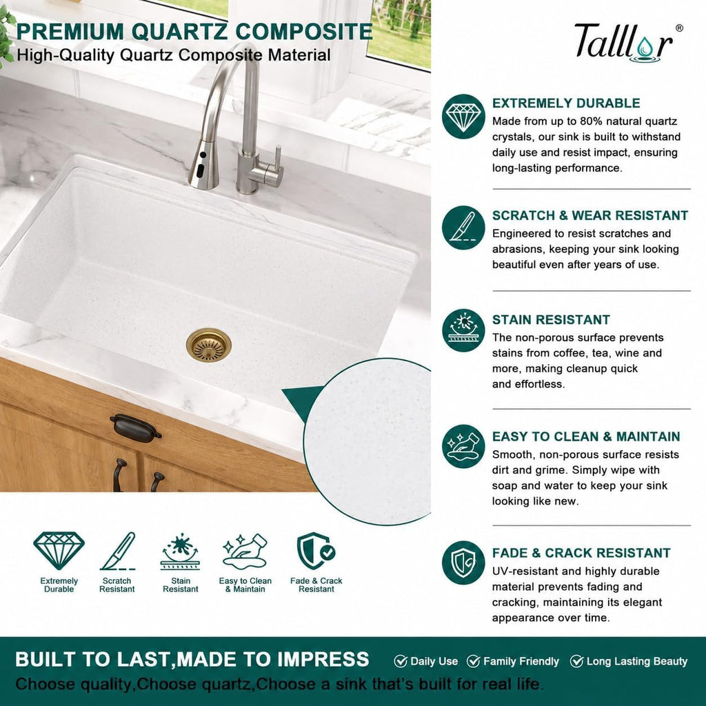 28 Inch Granite Composite Kitchen Sink - White Undermount Workstation All-In One Quartz Classic Single Bowl Sink