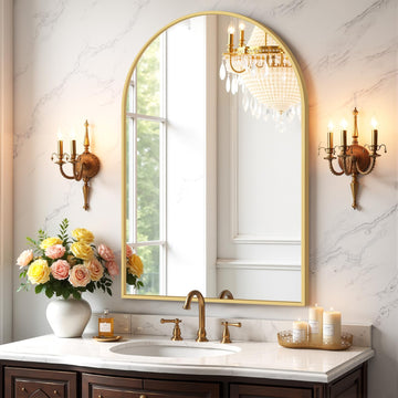 Bathroom Mirror for Wall, 36x24 Inch Arched Mirror, Matte Gold Metal Framed Bathroom Vanity Mirrors for Restroom