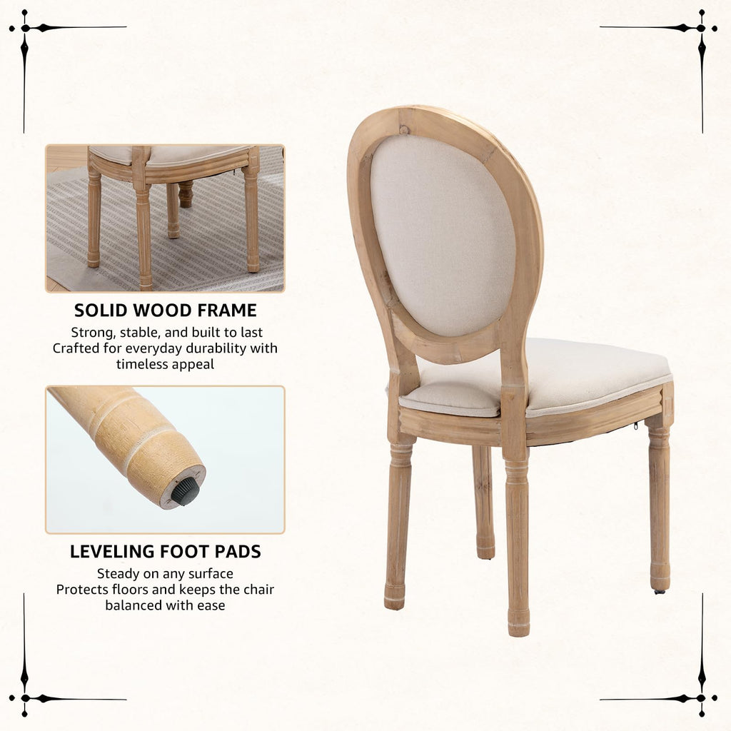 Vintage French Dining Chairs Set of 6, Round Back Accent Chairs with Linen Seat and Solid Wood Frame, Farmhouse
