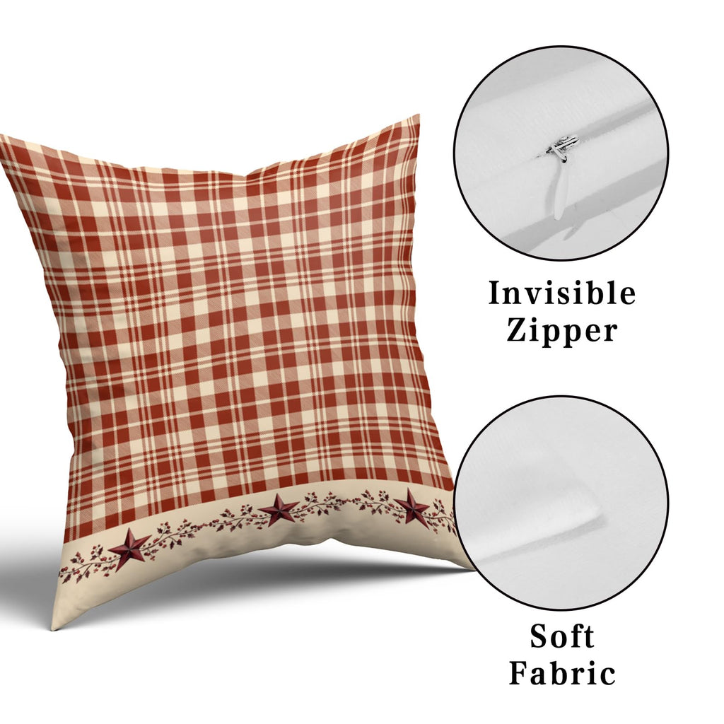 Red Plaid and Stars Throw Pillow Covers 20x20 Inch Set of 2