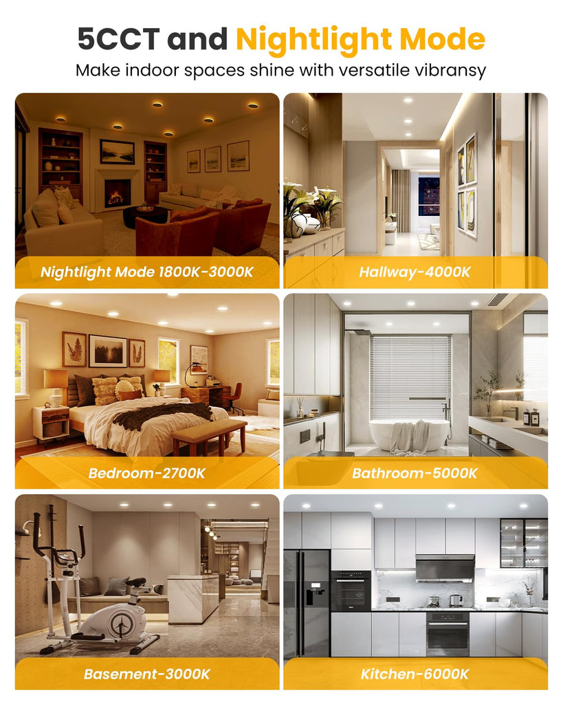 Recessed Ceiling Light 6 Inch - with Night Light, 1000LM Dimmable Downlight, 12W 5CCT 2700K-6000K & 3W