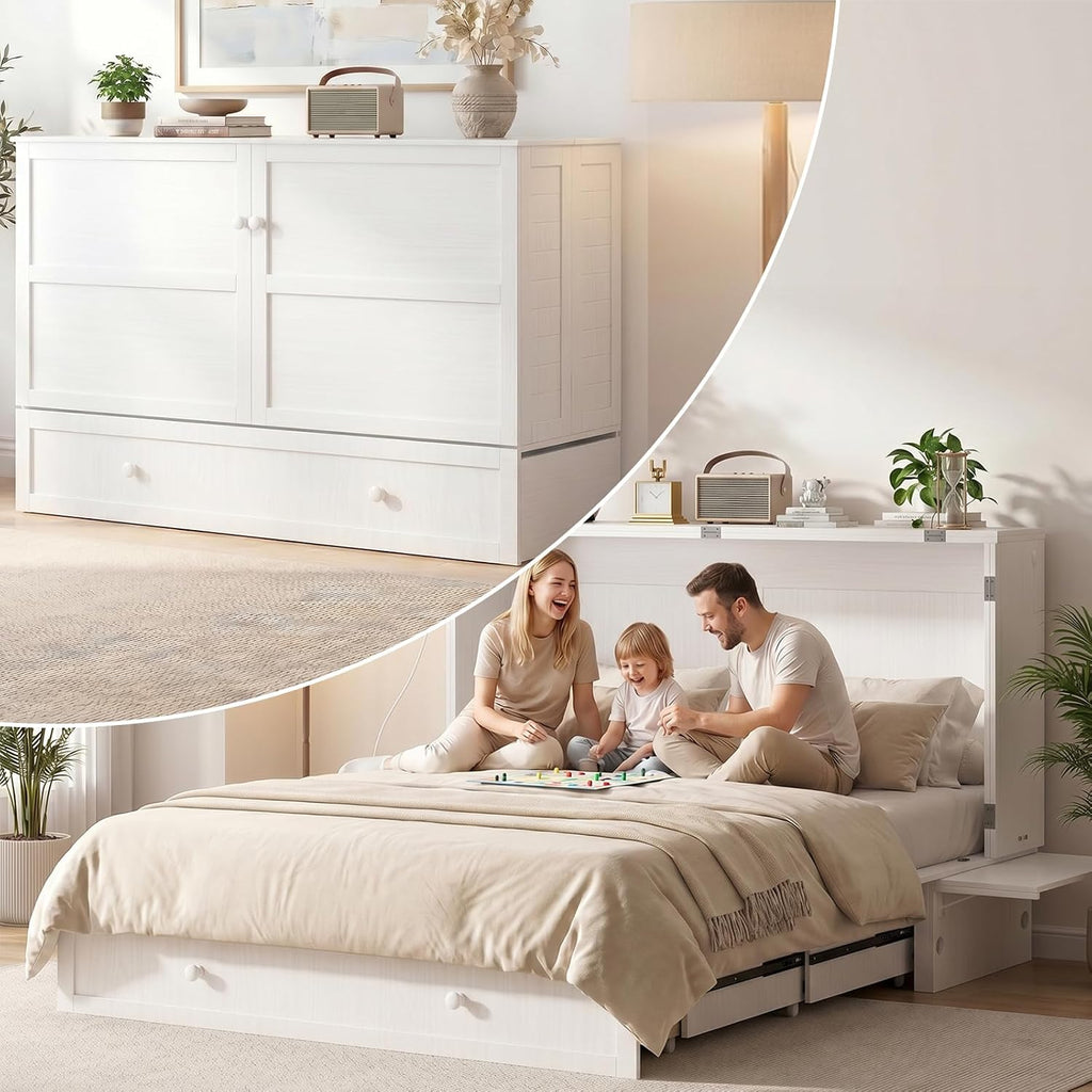Murphy Bed Queen Cabinet Bed with Tri-fold Mattress and Built-in USB Charging, 2 Drawers, Bedside Panel, Hidden Guest